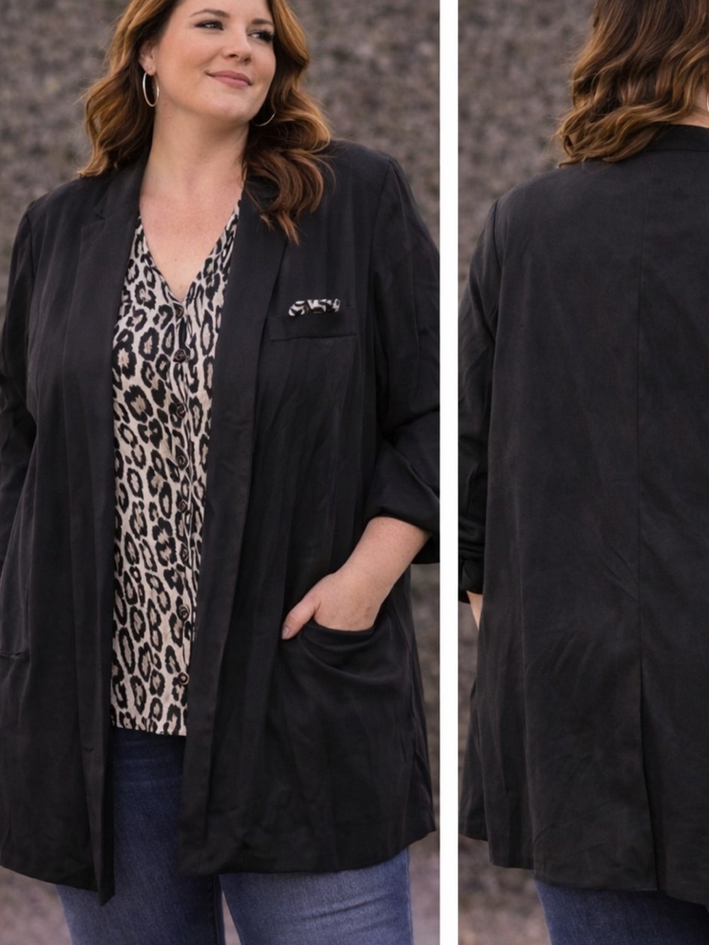 Perceptions Black Draped Blazer with Animal Print Vest Detail size 18W